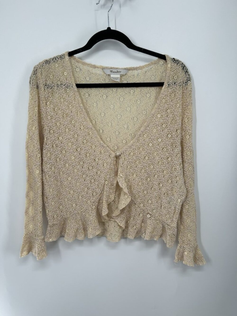 Tan Jay  M Neutral Open Knit Crochet Beige Oatmeal Cardigan Tie Front Boho Y2k